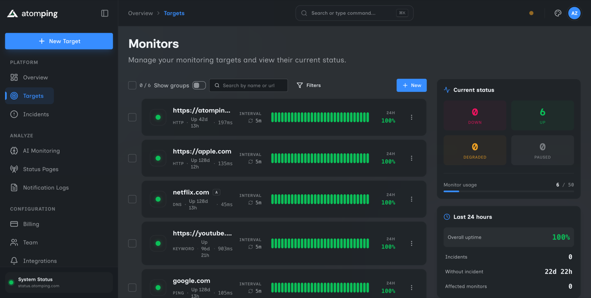 AtomPing monitors dashboard showing HTTP, DNS, Keyword, and Ping checks with uptime bars