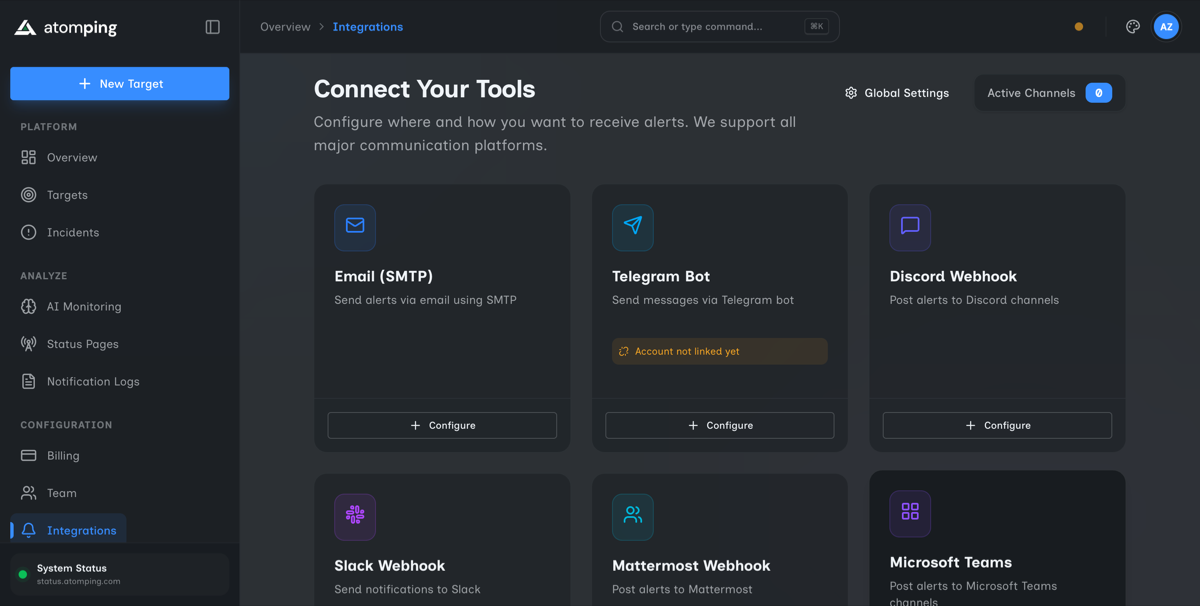 Integration settings showing Email, Telegram, Discord, Slack, and webhook alert channels