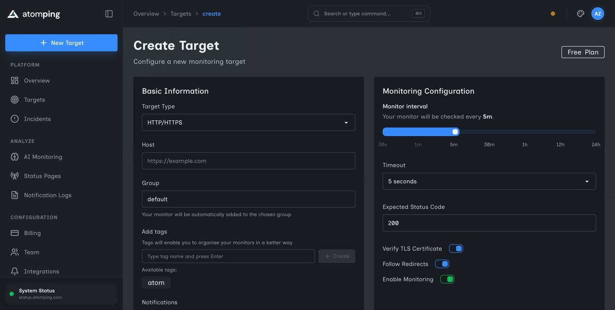 Create monitoring target form