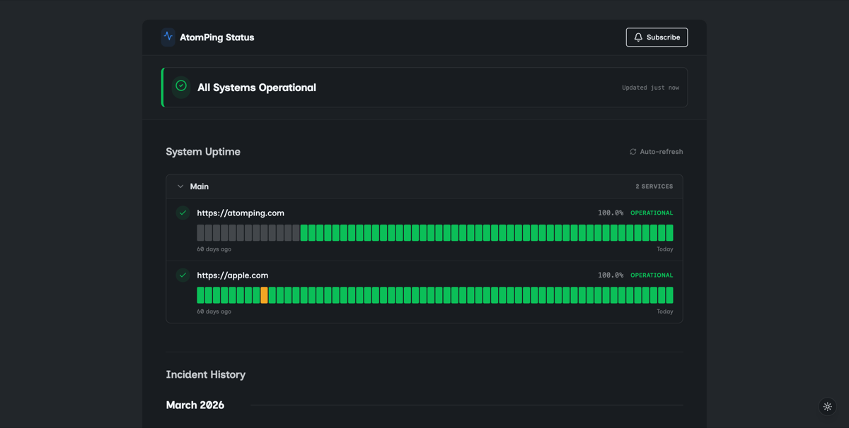 Public status page showing service uptime bars and incident history